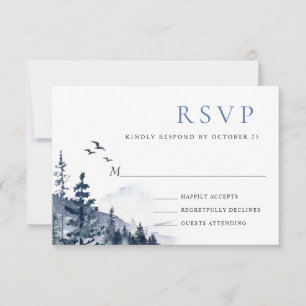 Elegant Waterverf Mountains Forest Wedding RSVP Kaartje