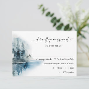 Elegant Waterverf Mountains Forest Wedding RSVP Kaartje