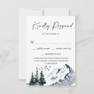 Elegant Waterverf Mountains Forest Wedding RSVP Kaartje