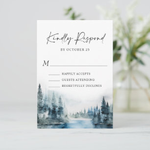 Elegant Waterverf Mountains Forest Wedding RSVP Kaartje