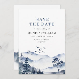 Elegant Waterverf Mountains Forest Wedding Save The Date