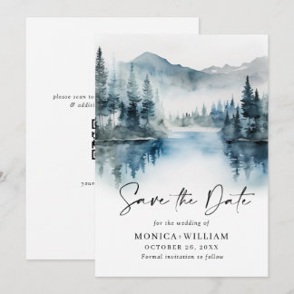 Elegant Waterverf Mountains Forest Wedding Save The Date