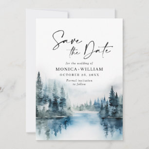 Elegant Waterverf Mountains Forest Wedding Save The Date