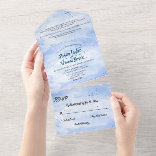 Elegant Waterverf Navy Blue Classy Rustic Wedding All In One Uitnodiging