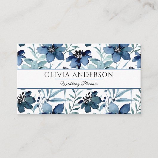 Elegant Waterverf Navy Blue Floral Modern Pattern Visitekaartje (Voorkant)