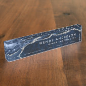 Elegant Waterverf Navy Blue Silver Glitter Agate Naambordje (Zijkant)