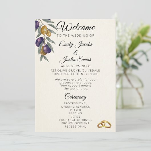 Elegant Waterverf Olijf Trouwprogramma Programma (Staand voorkant)