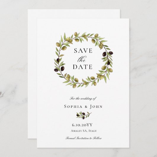 Elegant waterverf  Olijfzwam Save The Date (Voorkant / Achterkant)