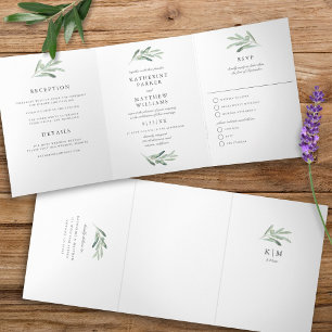 Elegant Waterverf Olive Branch All-in-One Wedding Drieluik Uitnodiging