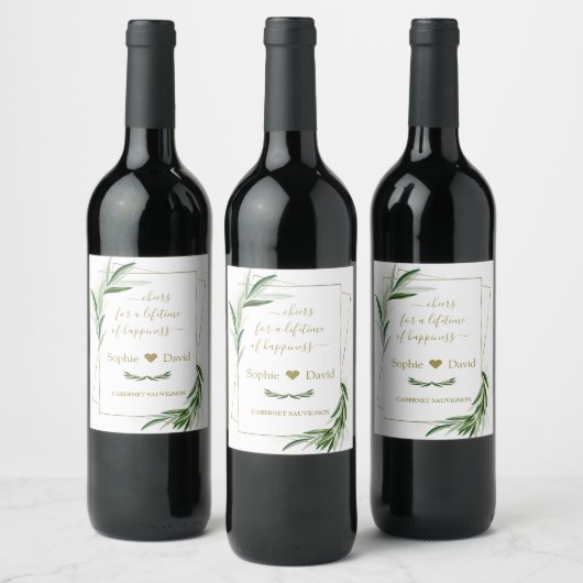 Elegant Waterverf Olive Greenery Gold Wedding Wijn Etiket (Flessen)