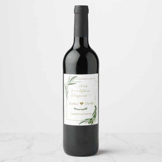 Elegant Waterverf Olive Greenery Gold Wedding Wijn Etiket (Voorkant)