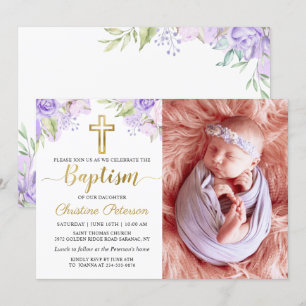 Elegant Waterverf Paars Floral Baptisme Foto Kaart