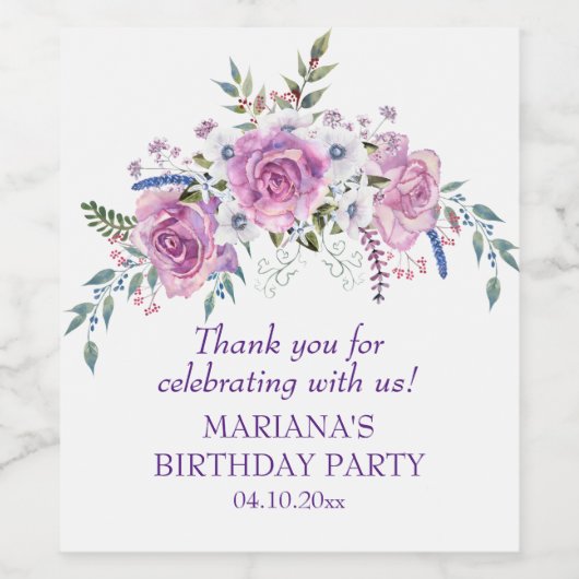 Elegant Waterverf Paars Floral Birthday Party Wijn Etiket (Enkel label)