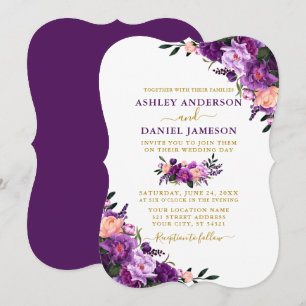 Elegant Waterverf Paars Floral Gold Wedding Kaart