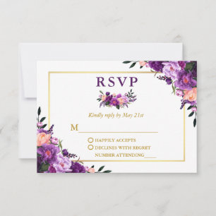 Elegant Waterverf Paars Floral Gold Wedding RSVP Kaartje