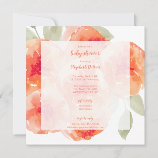 Elegant Waterverf Peach Peonies Baby shower Kaart (Voorkant)
