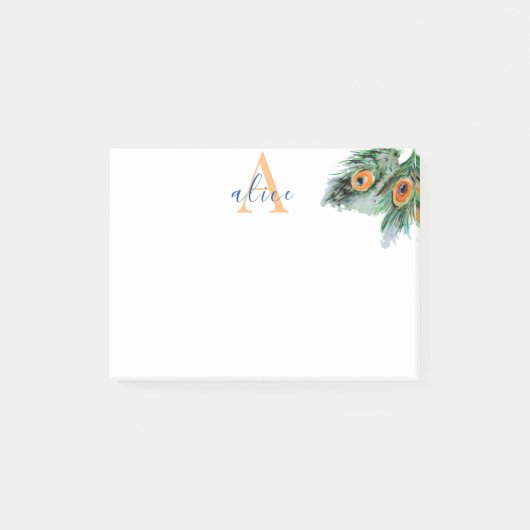 Elegant Waterverf Peacock Feather Monogram Post-it® Notes (Voorkant)