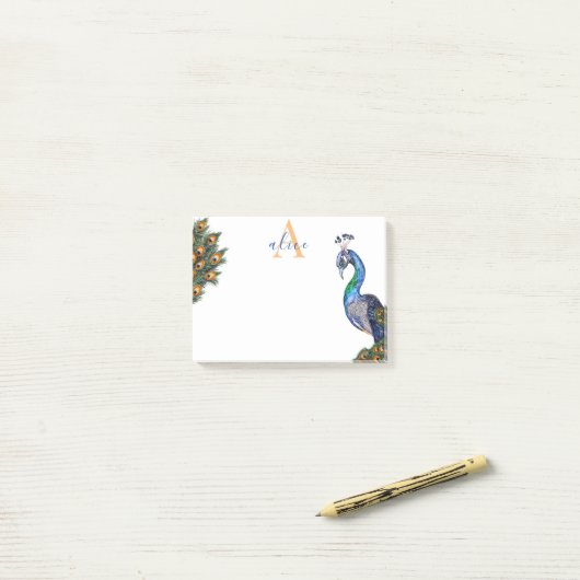 Elegant Waterverf Peacock Monogram Post-it® Notes (Op bureau)