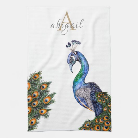 Elegant Waterverf Peacock Monogram Theedoek (Verticaal)