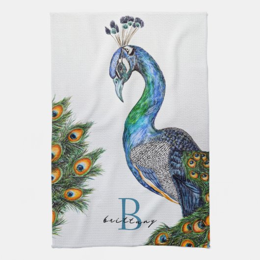 Elegant Waterverf Peacock Monogram Theedoek (Verticaal)