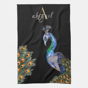Elegant Waterverf Peacock Monogram Theedoek