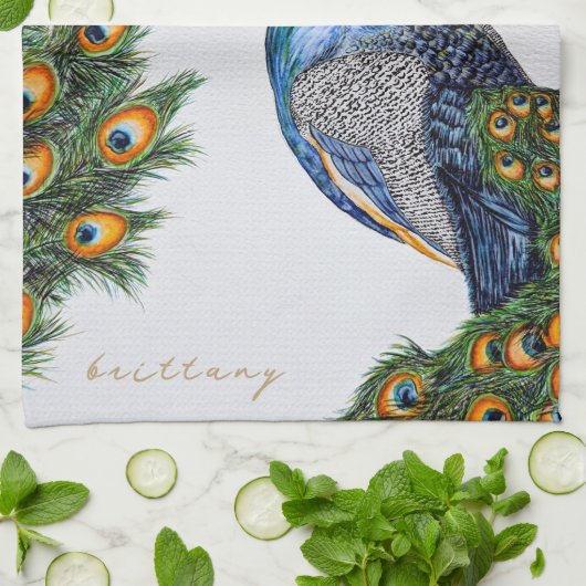 Elegant Waterverf Peacock Monogram Theedoek (Gevouwen)