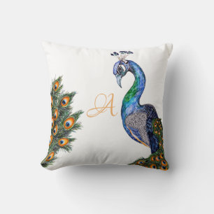 Elegant Waterverf Peacock Monogram White Kussen