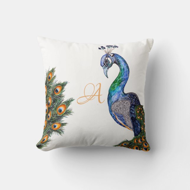Elegant Waterverf Peacock Monogram White Kussen (Voorkant)