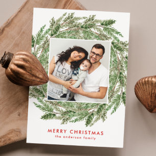 Elegant Waterverf Pine Branch Wreatfoto Feestdagenkaart