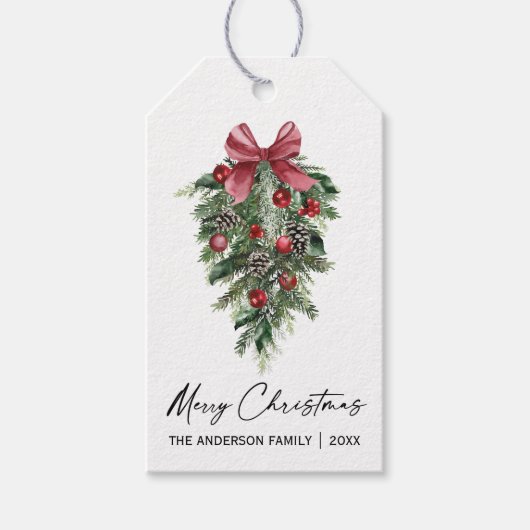 Elegant Waterverf Pines Calligrafie Kerstmis Cadeaulabel (Voorkant)