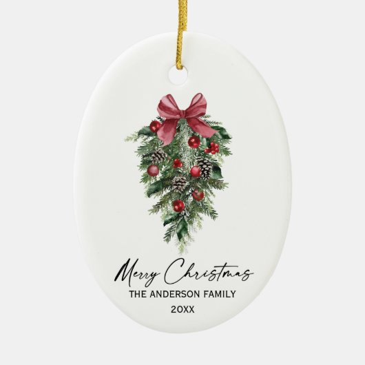 Elegant Waterverf Pines Calligrafie Kerstmis Keramisch Ornament (Voorkant)
