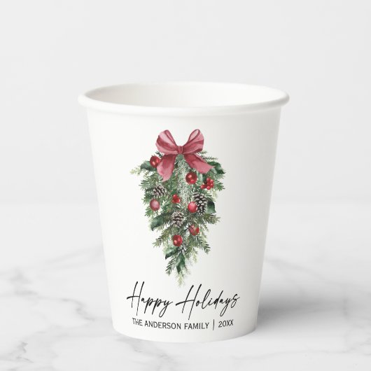 Elegant Waterverf Pines Calligraphy Ink Holiday Papieren Bekers (Voorkant)