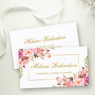 Elegant Waterverf Pink Floral and Gold Lijst Visitekaartje