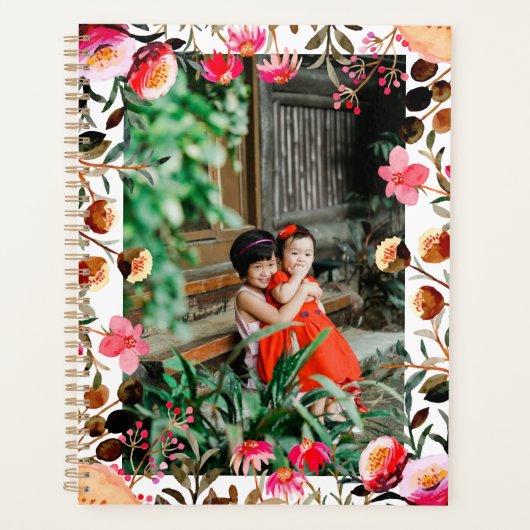 Elegant Waterverf Pink Floral Greenery Foto Planner (Voorkant)