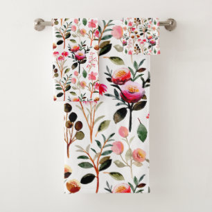 Elegant Waterverf Pink Floral Greenery Pattern Bad Handdoek