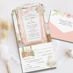 Elegant Waterverf Pink Floral Wedding buitenshuis All In One Uitnodiging