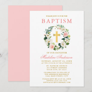 Elegant Waterverf Pink Floral Wreator Gold Baptism Kaart