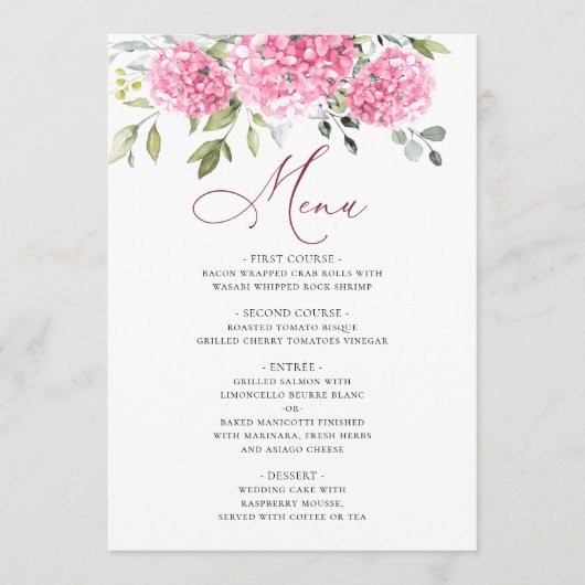 Elegant Waterverf Pink Hydrangea Floral Wedding Menu (Voorkant)