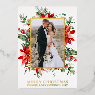 Elegant Waterverf Poinsettia Floral Pas getrouwd G Folie Feestdagenkaart