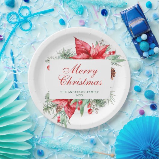 Elegant Waterverf Poinsettia Kerstfeestdag Papieren Bordje (Feest)