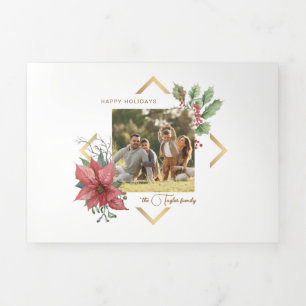 Elegant Waterverf Poinsettias met Gold Lijst Foto Drieluik Wenskaart
