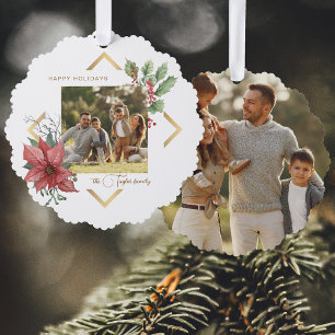 Elegant Waterverf Poinsettias met Gold Lijst Foto Ornament Kaart