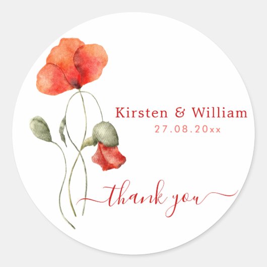 Elegant Waterverf Poppies - Weddenschap Hartelijk  Ronde Sticker (Voorkant)
