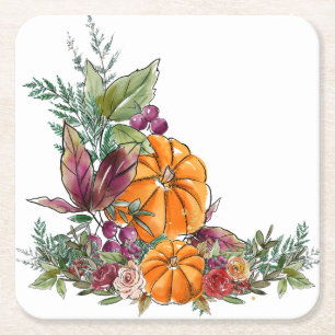 Elegant Waterverf Pumpkins Autumn Foliage Flowers Vierkante Kartonnen Onderzetter