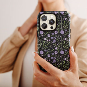 Elegant Waterverf Purple Flowers Greenery Black iPhone 13 Hoesje