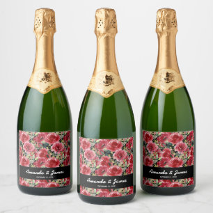 Elegant Waterverf Red Flowers Black Wedding Sparkling Wijnetiket