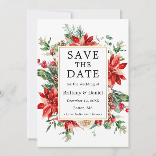 Elegant Waterverf Red Poinsettia Floral Greenery Save The Date (Voorkant)