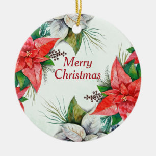Elegant Waterverf Red Poinsettia Floral Kerstmis Keramisch Ornament