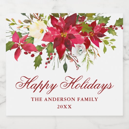 Elegant Waterverf Red Poinsettia Holiday Sparkling Wijnetiket (Enkel label)