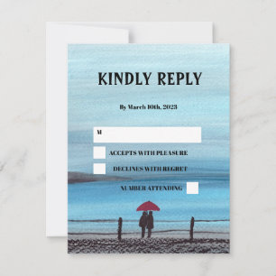 Elegant Waterverf Red Umbrella Couple Wedding RSVP Kaartje